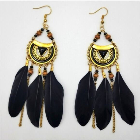 Black Boho Feather Earrings - Picture 2 of 2
